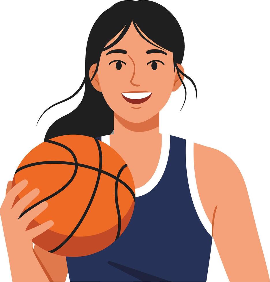Cheerful female basketball player holding an orange ball in a flat design style illustration vector