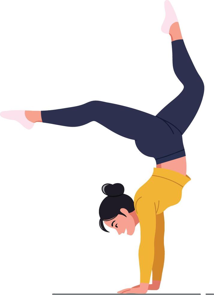 A young woman performing a handstand on a flat surface in a minimal style illustration showcasing balance and strength vector