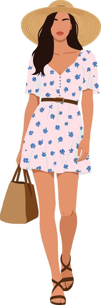Woman in floral dress and wide-brimmed hat walking confidently with a stylish handbag in a vibrant, minimal design illustration vector