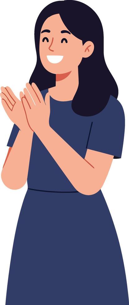 Celebratory woman with dark hair clapping in a blue dress, showcasing joy and enthusiasm in a flat illustration vector