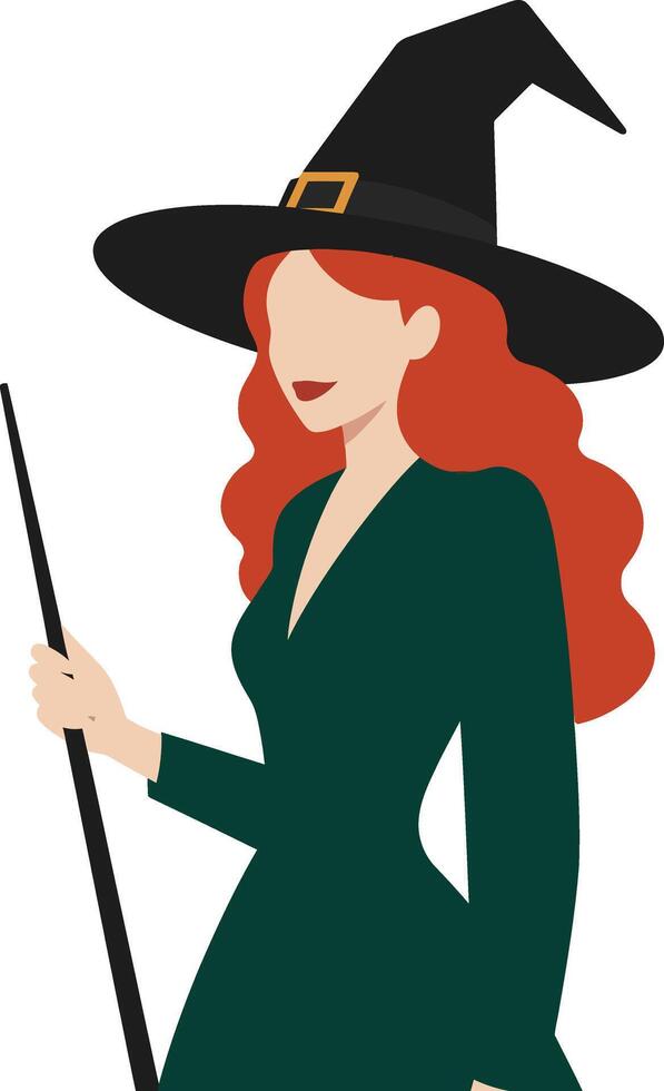 Enchanting witch character in a green dress with a black hat holding a wand in a whimsical flat illustration vector