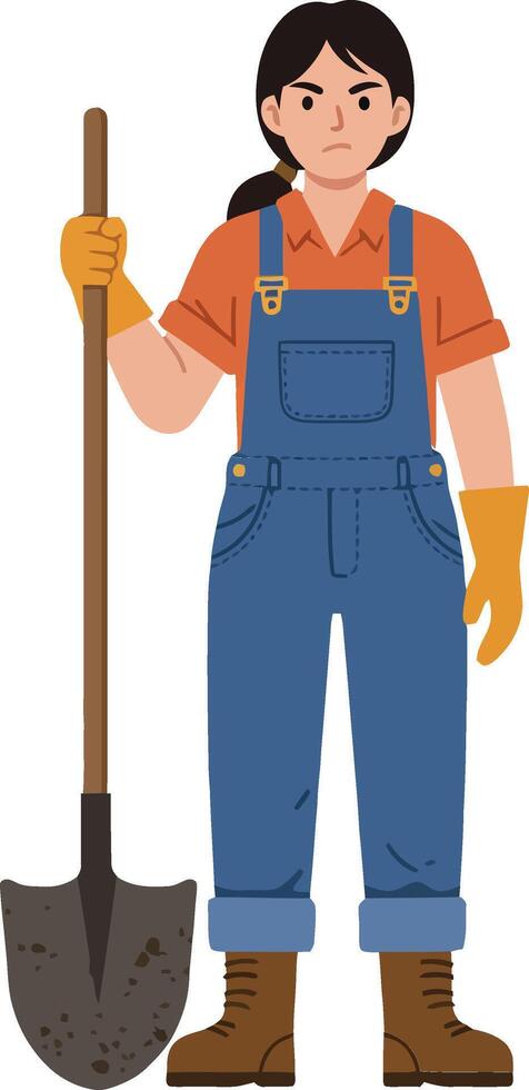 Gardener holding a shovel in blue overalls and orange shirt, showcasing determination and readiness, flat illustration vector
