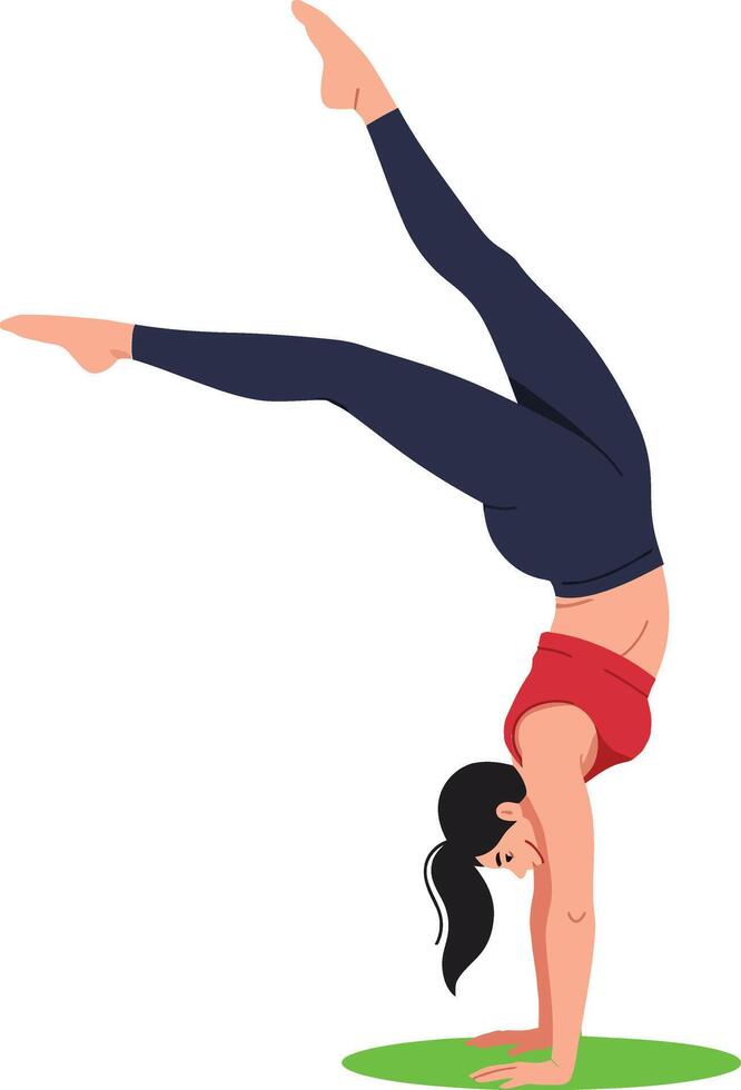 A woman performing a handstand on a green mat in a minimal and vibrant design style illustration vector