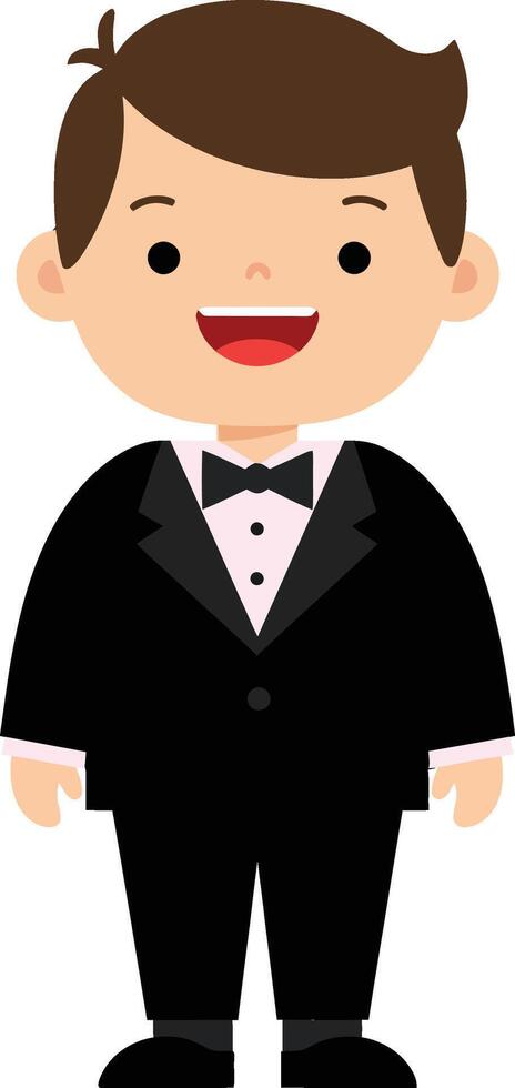 Happy young boy dressed in a stylish tuxedo with a bow tie in a flat illustration vector