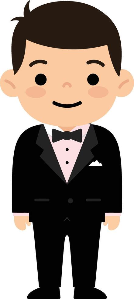 Happy young boy in a smart tuxedo with a bow tie in a flat, cheerful design illustration vector