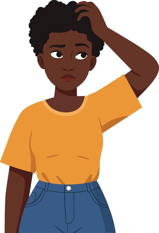 A young woman with curly hair wearing an orange shirt and blue jeans, displaying a thoughtful expression in a minimal illustration vector