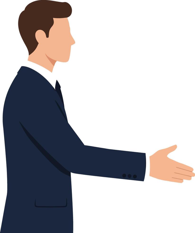 Businessman in a dark suit extending his hand for a handshake in a flat illustration representing professionalism and collaboration vector