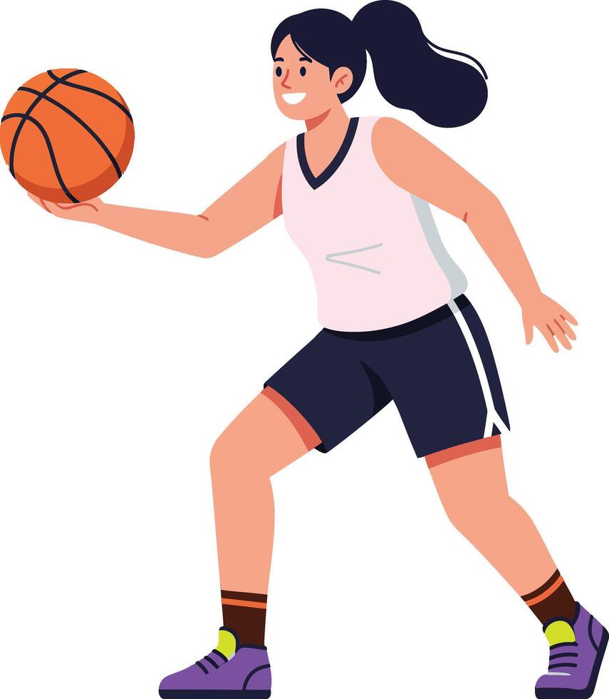 A young female basketball player in action dribbling a basketball with confidence, showcasing a flat design illustration of sports enthusiasm and athleticism vector