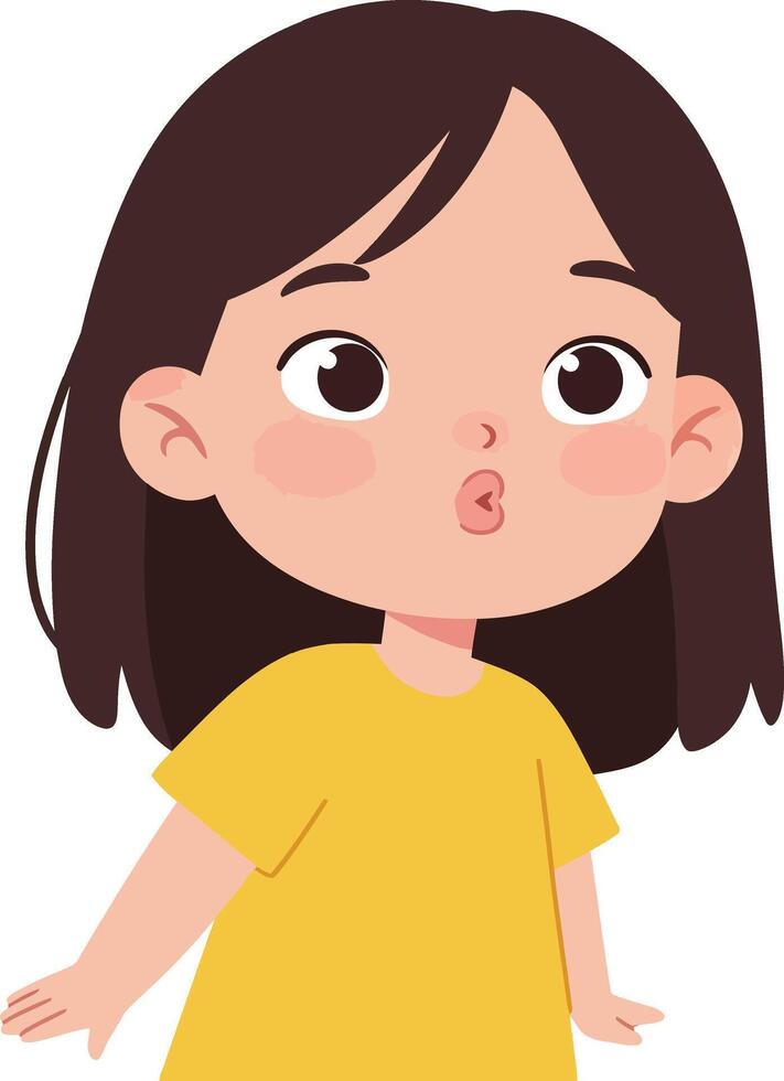 Cute young girl with brown hair wearing a yellow shirt, displaying a playful expression in a minimalistic and cheerful design style, illustration vector