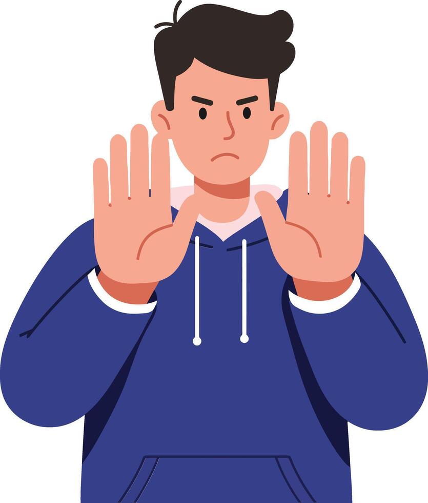 Young man in a blue hoodie raising hands to signal stop in a minimal, flat illustration depicting a serious mood and clear communication of boundaries in a digital style art vector