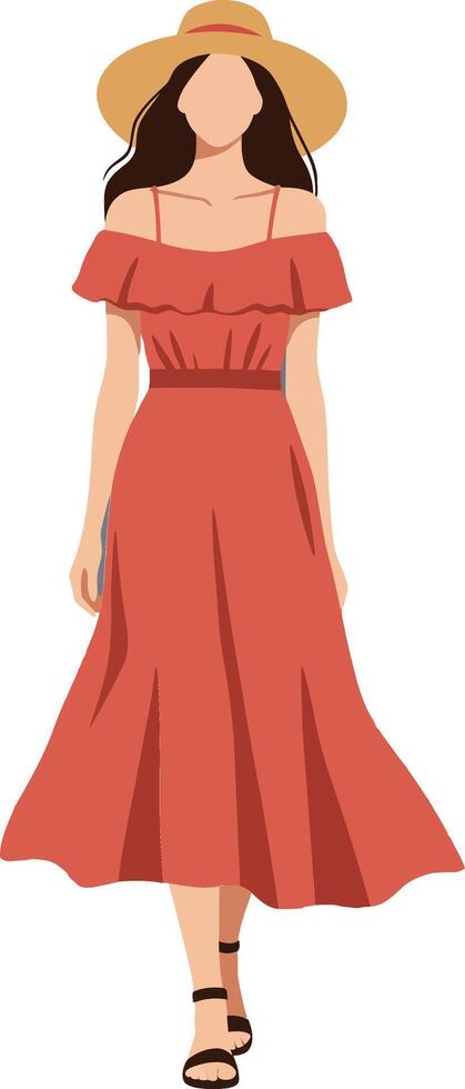 A woman walking gracefully in a flowing red dress, wearing a stylish hat, in a flat art style representing summer fashion and elegance vector