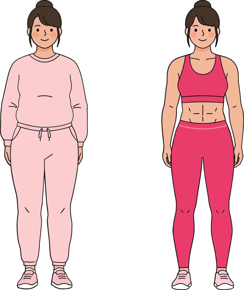 Woman transformation from casual pink outfit to athletic pink ensemble, showcasing fitness journey in a flat illustration vector