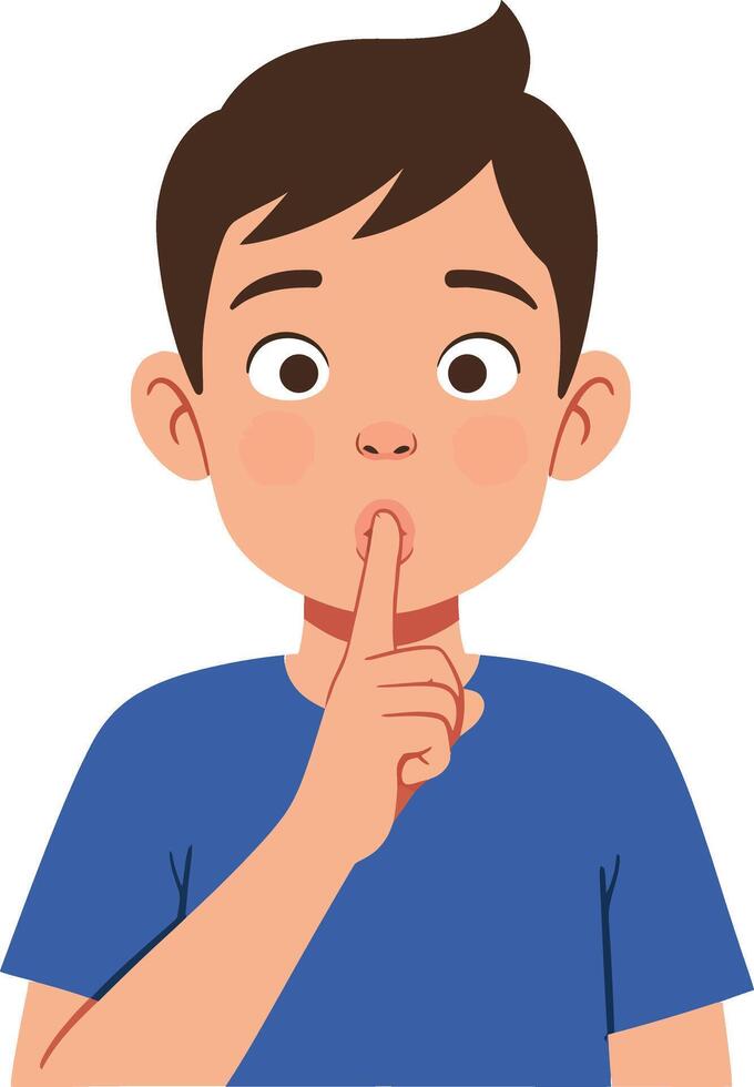 A young boy with brown hair and a blue shirt making a shushing gesture in a flat, minimal style illustration vector