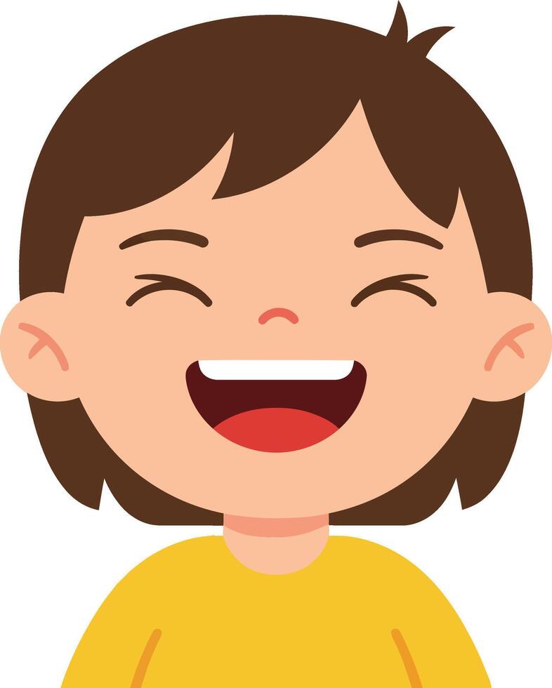 Happy young child with short brown hair wearing a yellow shirt, smiling joyfully in a flat illustration vector