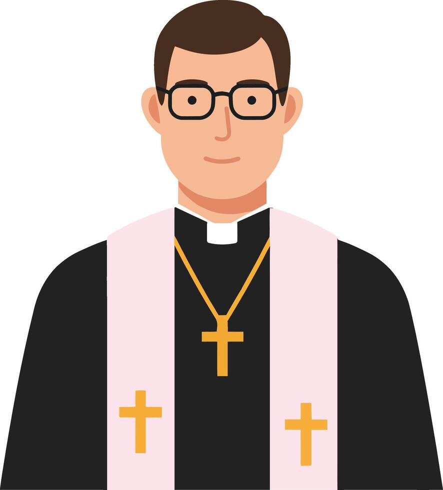 A man in a black clerical shirt with glasses and a pink stole, showcasing a detailed flat illustration of a religious figure vector