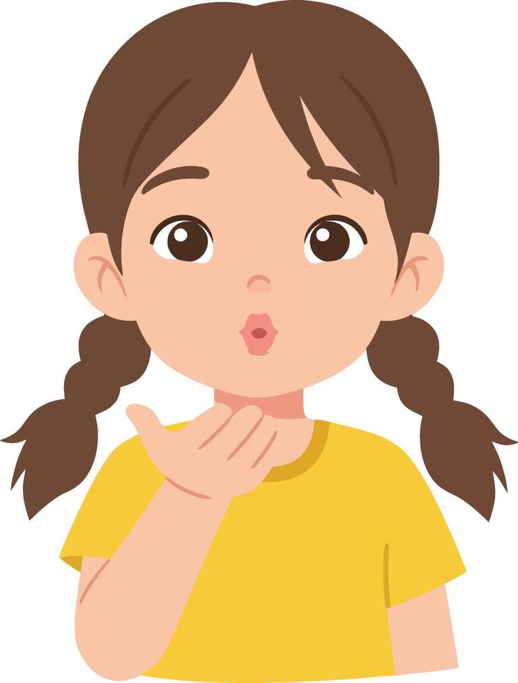 A young girl with brown hair blowing a kiss while wearing a cheerful yellow shirt in a minimal flat design illustration vector