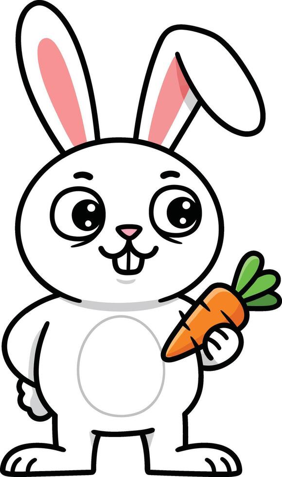 Cute cartoon rabbit holding a vibrant orange carrot in a cheerful flat design style illustration vector