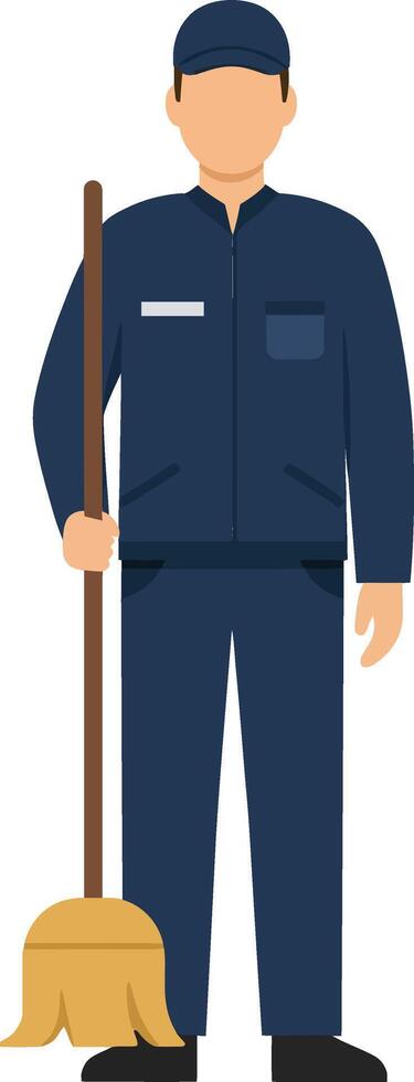 A man in a dark uniform holding a broom, standing confidently in a flat design style illustration vector