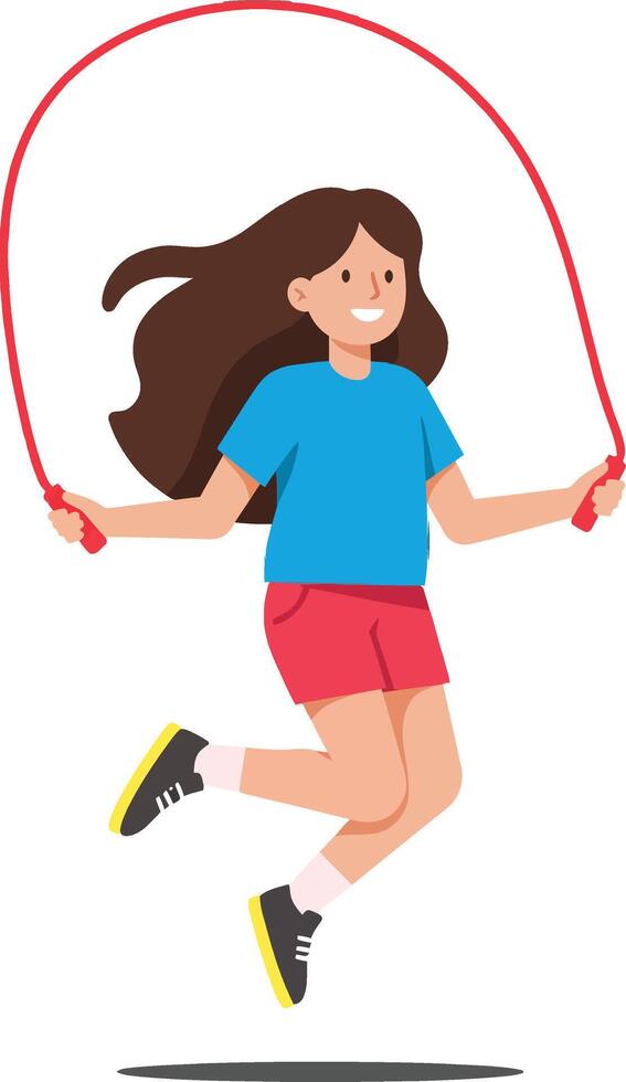 Young girl joyfully jumping rope in a playful, vibrant scene with flat design style art vector