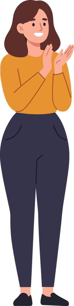 Cheerful woman with long hair wearing a yellow sweater and black pants clapping her hands in a minimal illustration vector