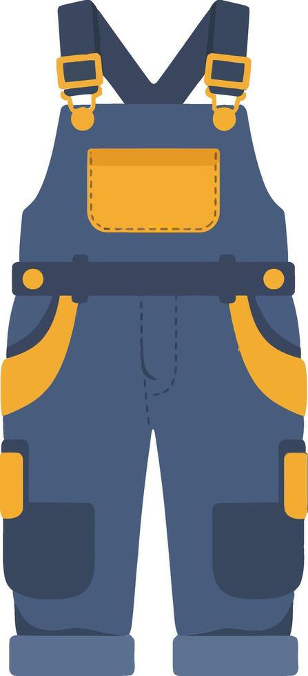 Blue overalls with yellow accents in a flat design style showcasing pockets and straps, ideal for work or casual wear illustration vector