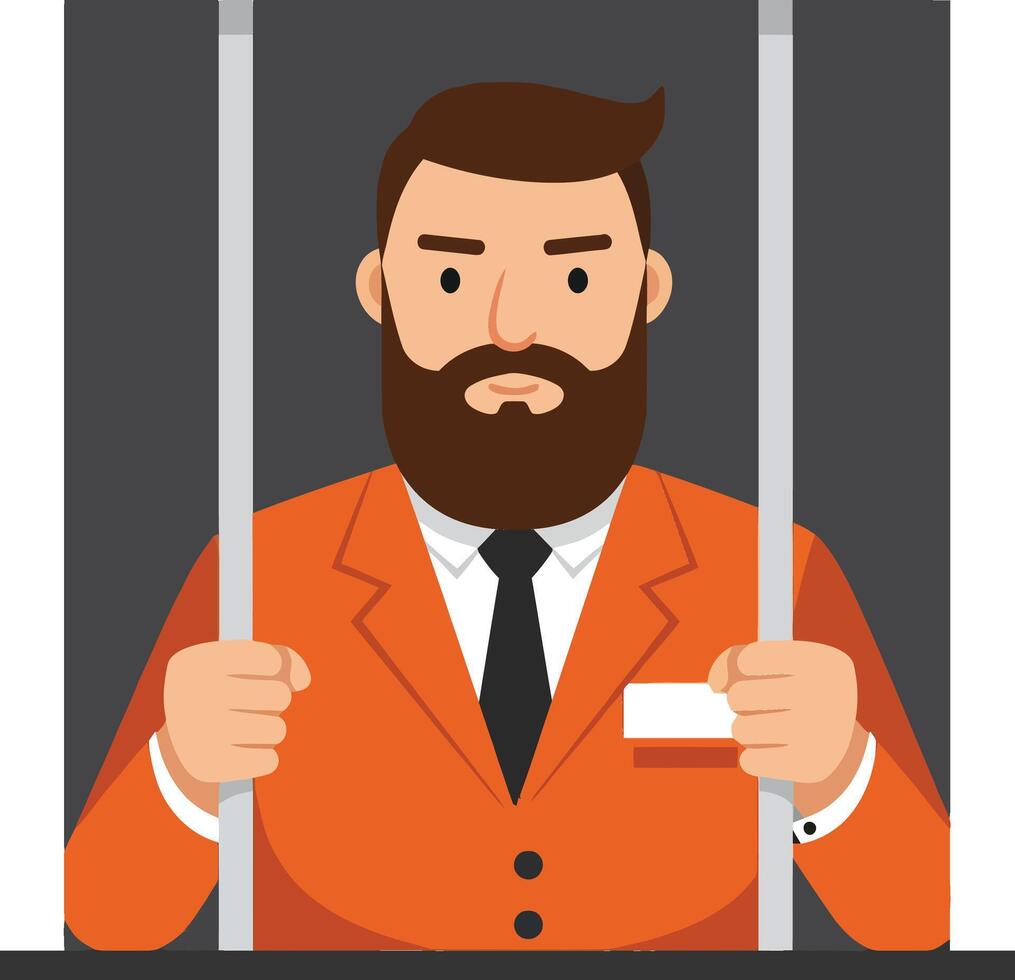 A man in an orange prison uniform behind bars, showcasing a serious expression in a minimal flat illustration vector