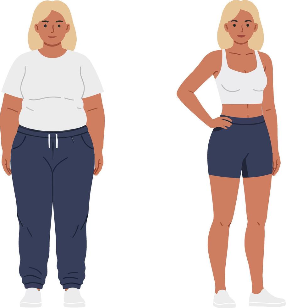 Two women showcasing body transformation in flat art, illustrating fitness journey with confidence and positivity in casual athletic wear, illustration vector