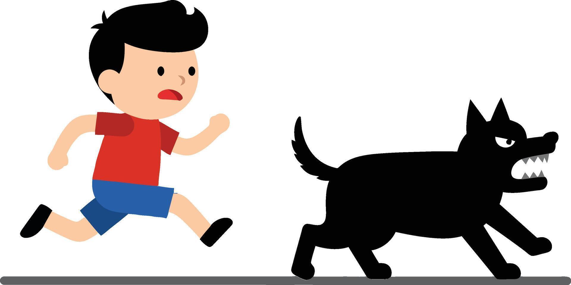 A young boy in a red shirt and blue shorts running away from a black dog in a playful, minimal illustration vector