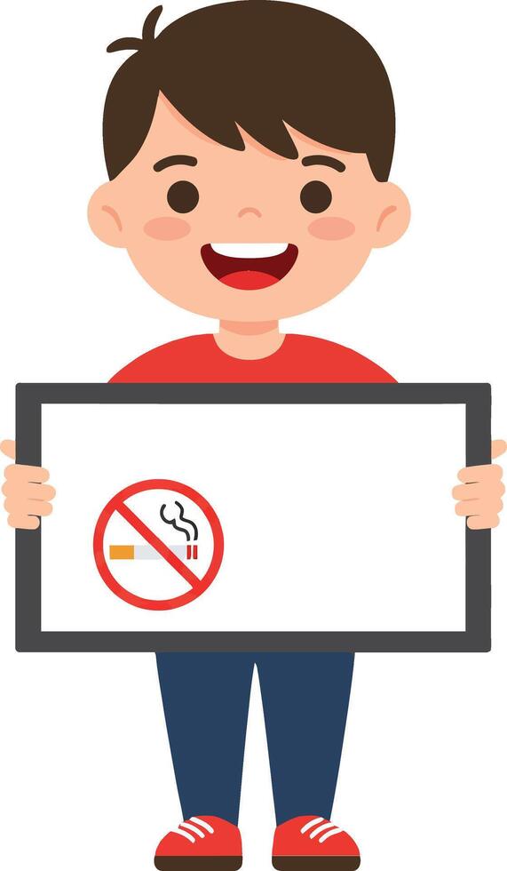 Smiling boy holding a no smoking sign in a flat, colorful design style for illustration vector