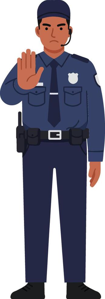 Police officer in blue uniform standing with hand raised in a stop gesture, flat illustration emphasizing authority and readiness for action in a community setting art vector