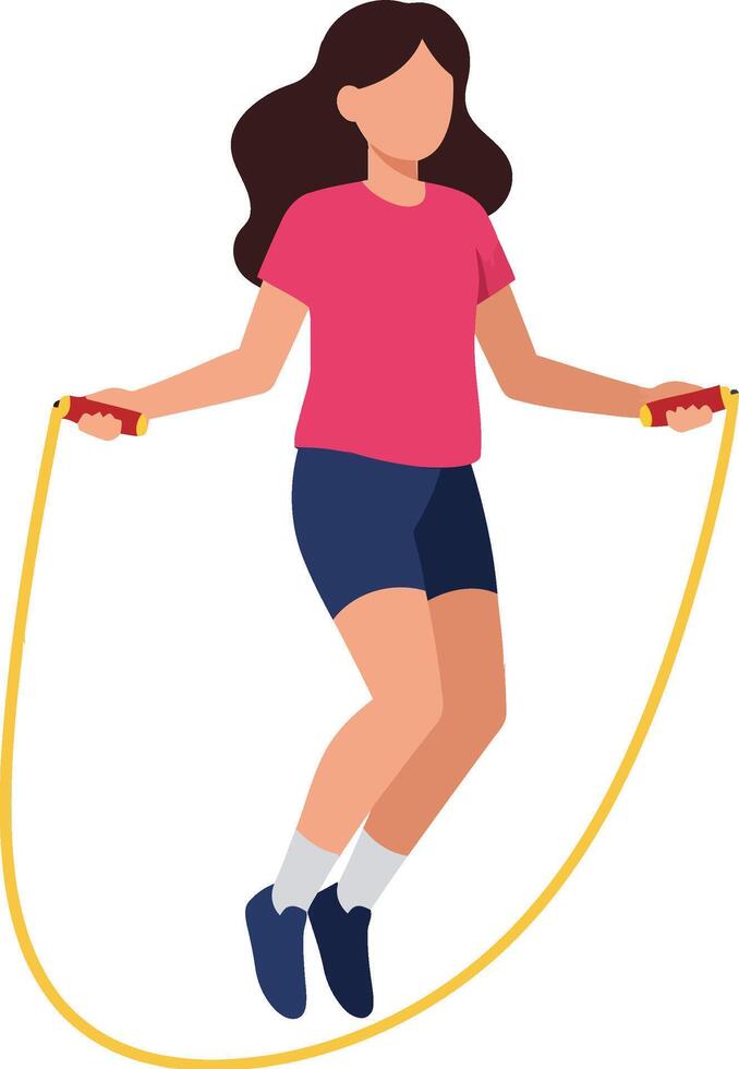 Girl jumping rope in a bright pink shirt and shorts, showcasing energy and movement in a flat illustration vector