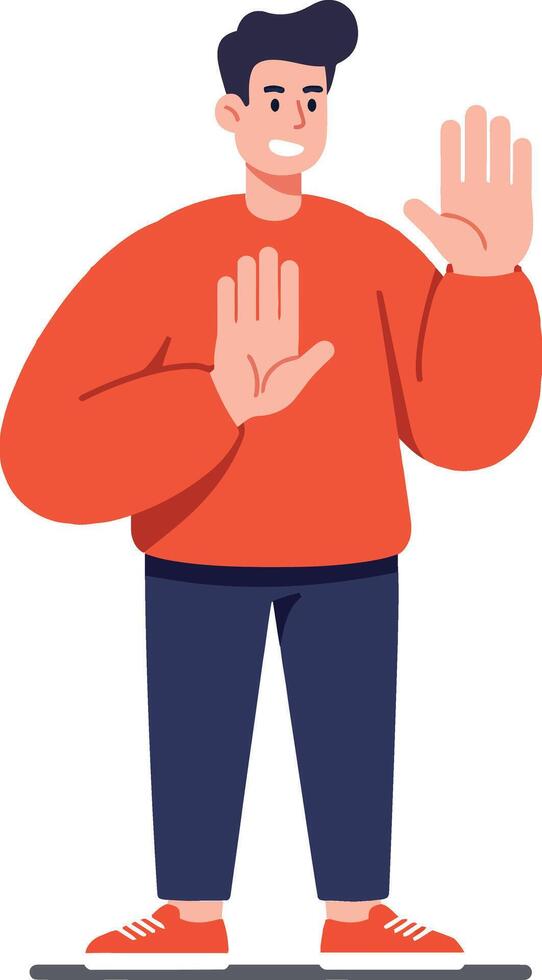 Cheerful young man wearing a red sweater and blue pants gesturing with open hands in a minimal flat illustration vector