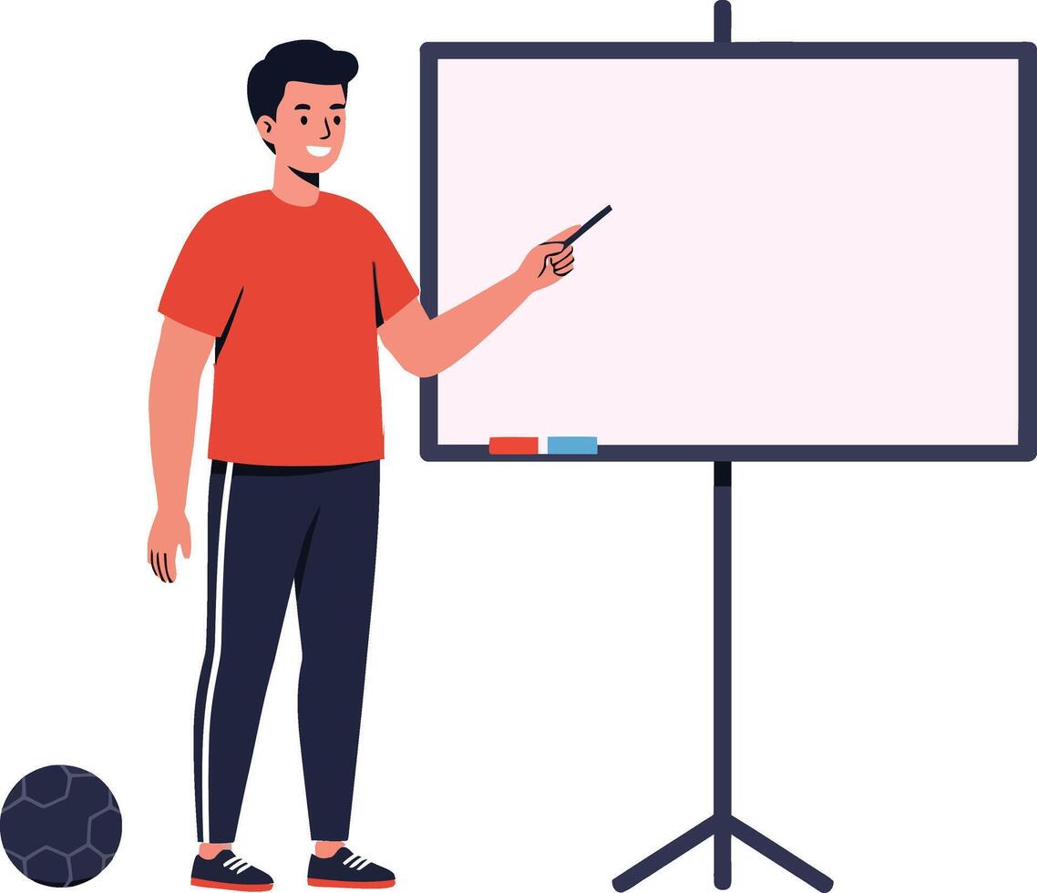 A young man in a red t-shirt confidently pointing at a blank presentation board while standing beside a black soccer ball in flat illustration vector