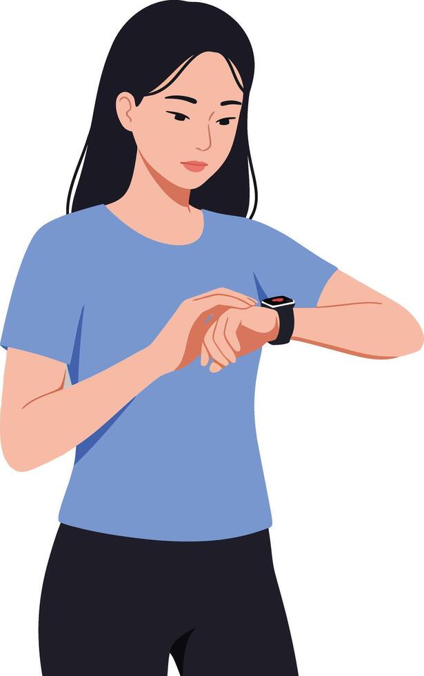 Woman checking her smartwatch while wearing a blue shirt and black pants in a minimal illustration vector
