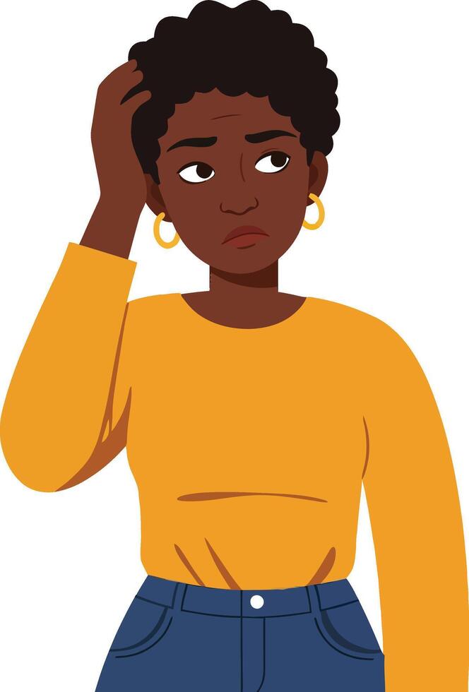 Thoughtful young woman with curly hair in a yellow top and blue jeans pondering a decision in a minimal illustration vector