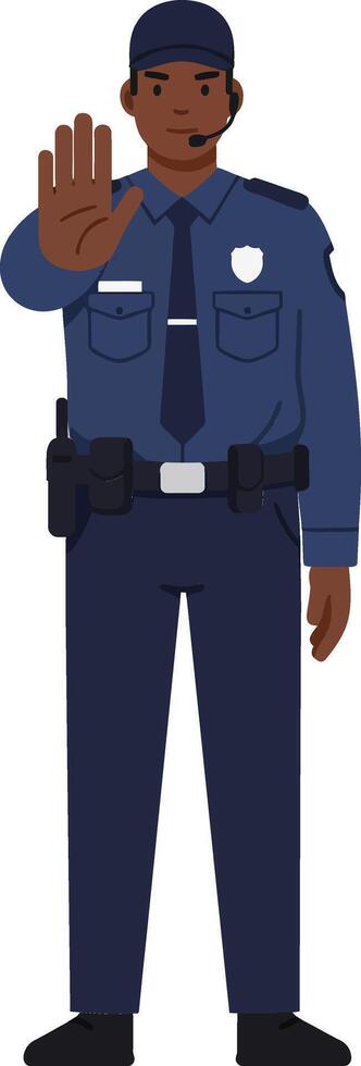Police officer in blue uniform with hand raised in a stopping gesture, featuring flat design elements and a confident expression, illustration vector