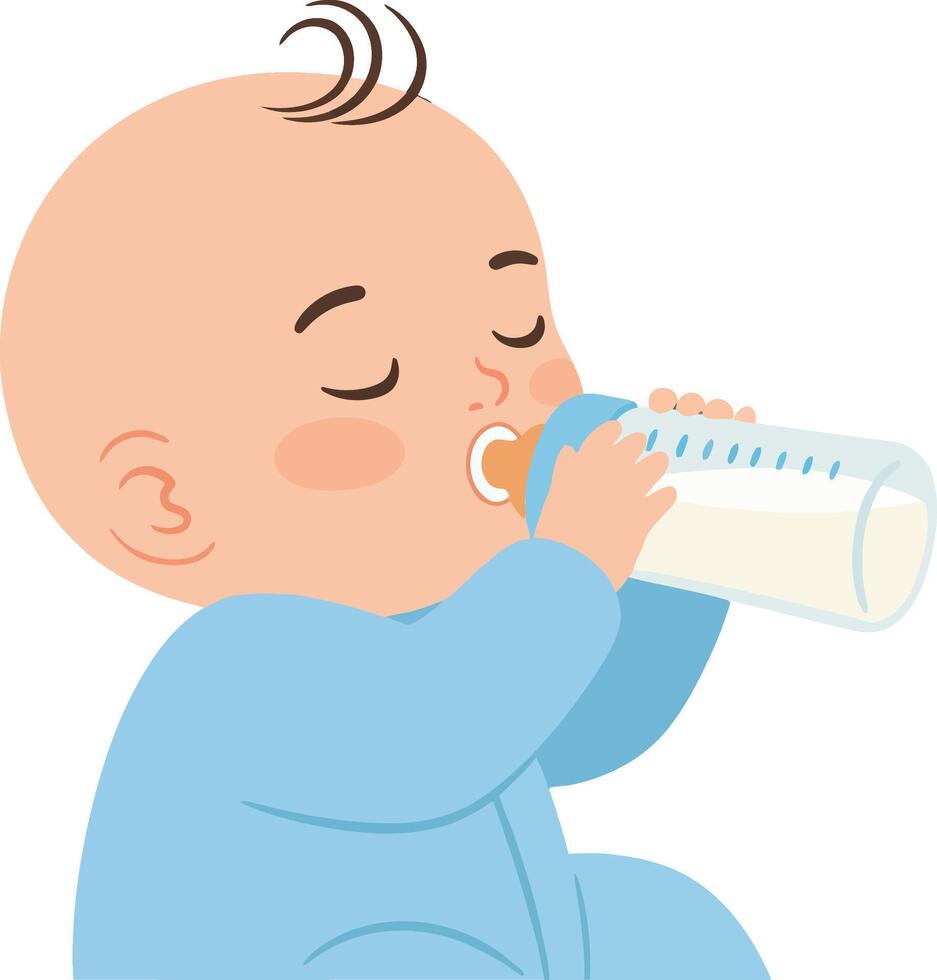 A cute baby in a blue onesie happily drinking from a milk bottle in a flat illustration style showcasing innocence and comfort in a serene atmosphere art vector