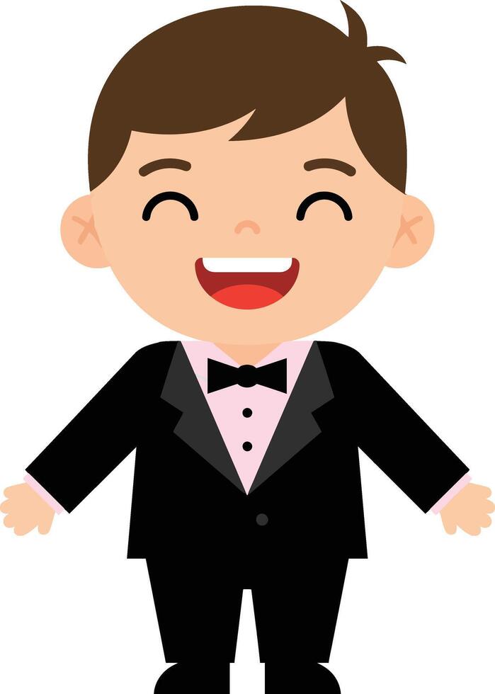 Cheerful young boy in a classic black tuxedo with a pink bow tie, smiling broadly in a playful flat illustration vector