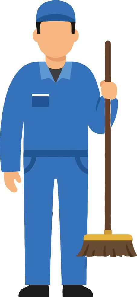 A blue-uniformed janitor holding a broom in a minimal flat design illustration depicting a cleaning scene with a tidy atmosphere vector