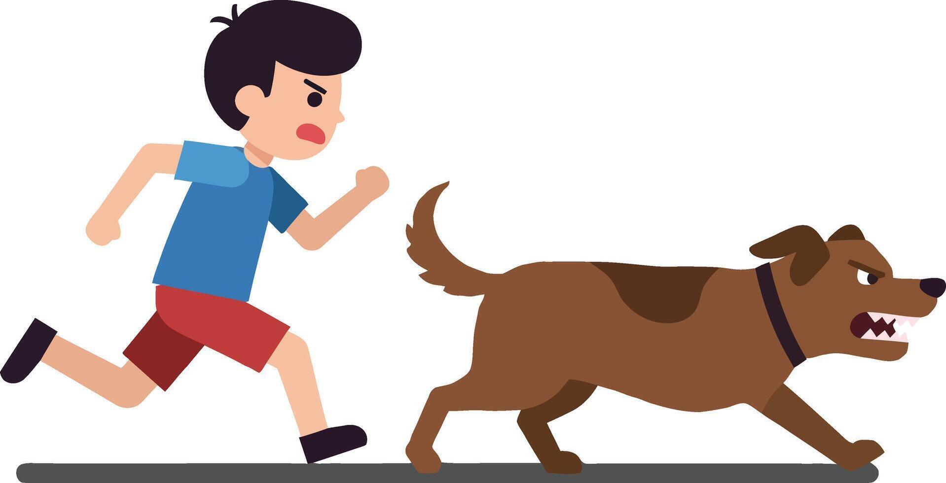 A young boy in a blue shirt and red shorts joyfully running alongside a playful brown dog in flat illustration vector
