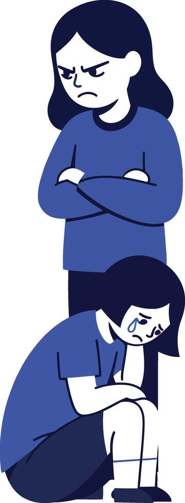 Two girls depicting emotional conflict in flat art, one expressing anger while the other shows sadness and isolation, illustrating complex feelings in a minimalist style illustration vector