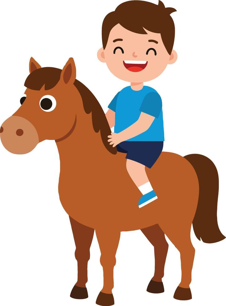 Happy child riding a cheerful brown horse in a playful, colorful, flat design style illustration vector