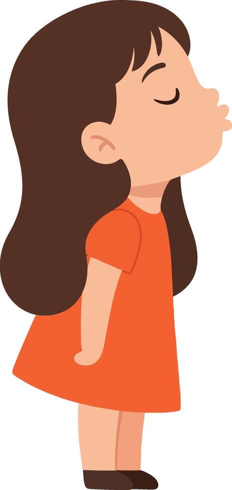 A young girl in a playful pose wearing an orange dress with a cheerful expression, depicted in a minimal flat illustration style vector