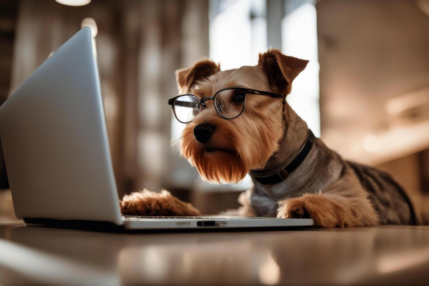 Light terrier looking brown laptop glasses keyboard dog ear fur computer tan secretary high key reading type work photo