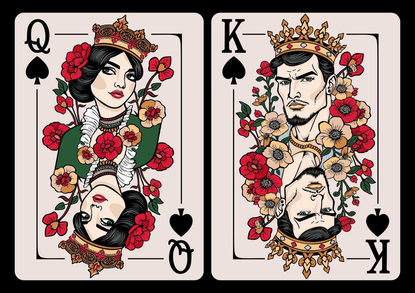 Queen of Spades and King of Spades. Playing cards vector