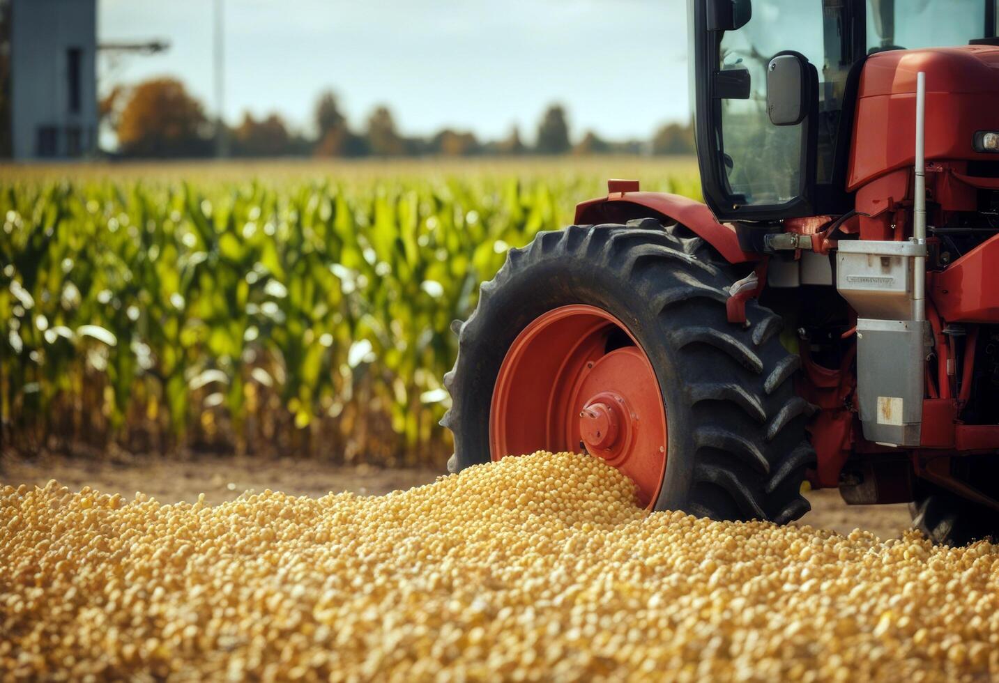 farm agriculture time concept separating field grains harvest merging filling farming trailer harvester Machine growth working rural corn grain ripe Husbandry machinery tractor Autumn harvestin photo