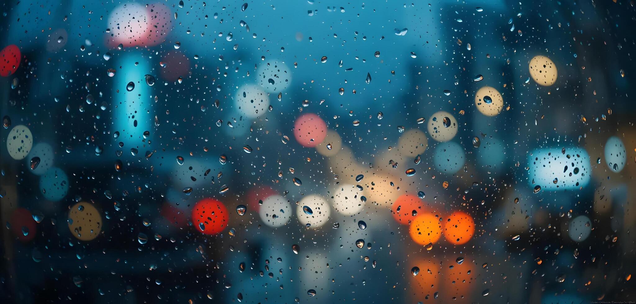 Raindrops on Glass with City Lights Creating Blurred Bokeh Effect photo
