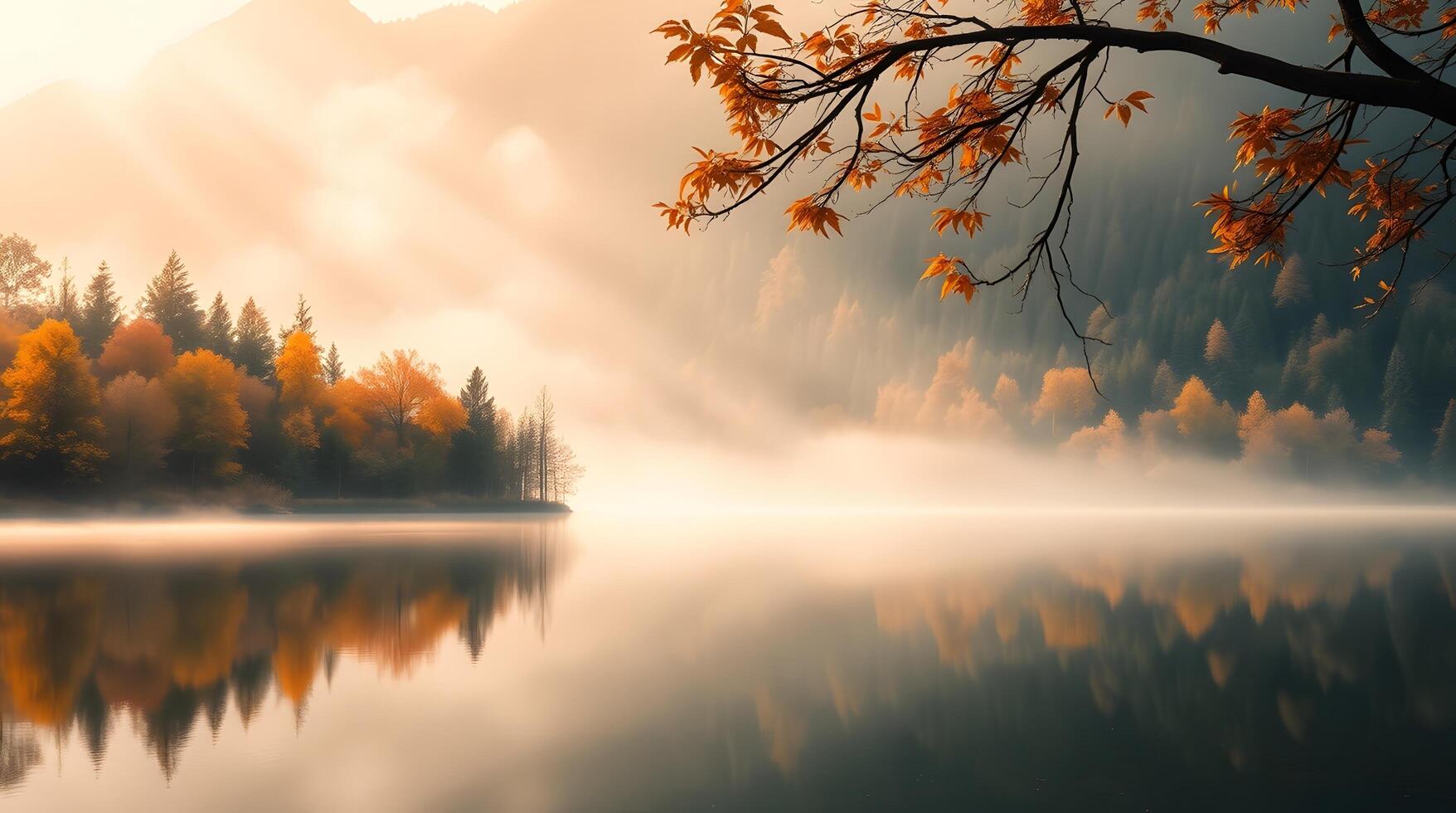 Autumn Lake Landscape with Foggy Reflections and Golden Light Rays photo