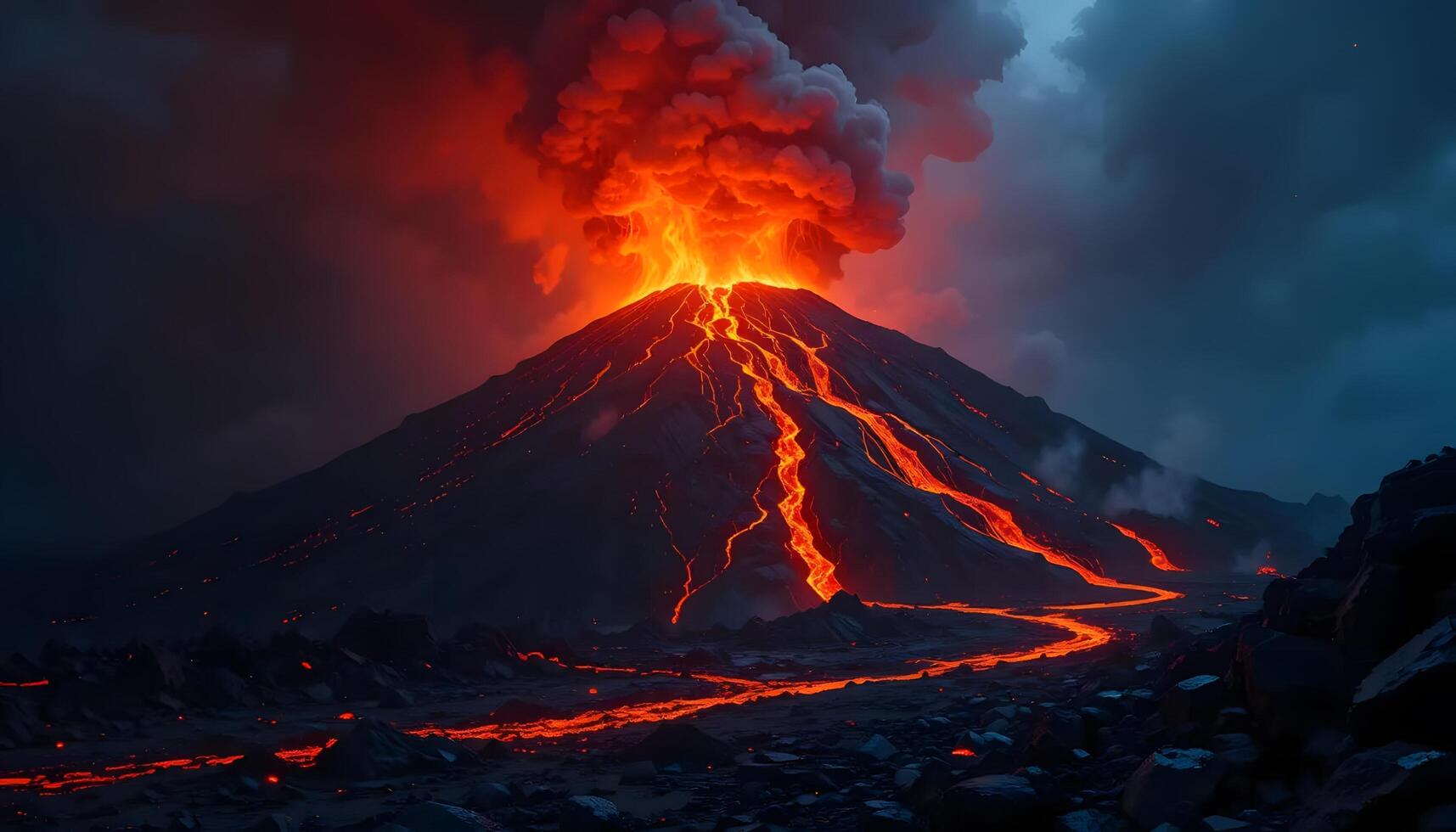 Erupting Volcano with Lava Flowing Downside Against Dark Sky photo