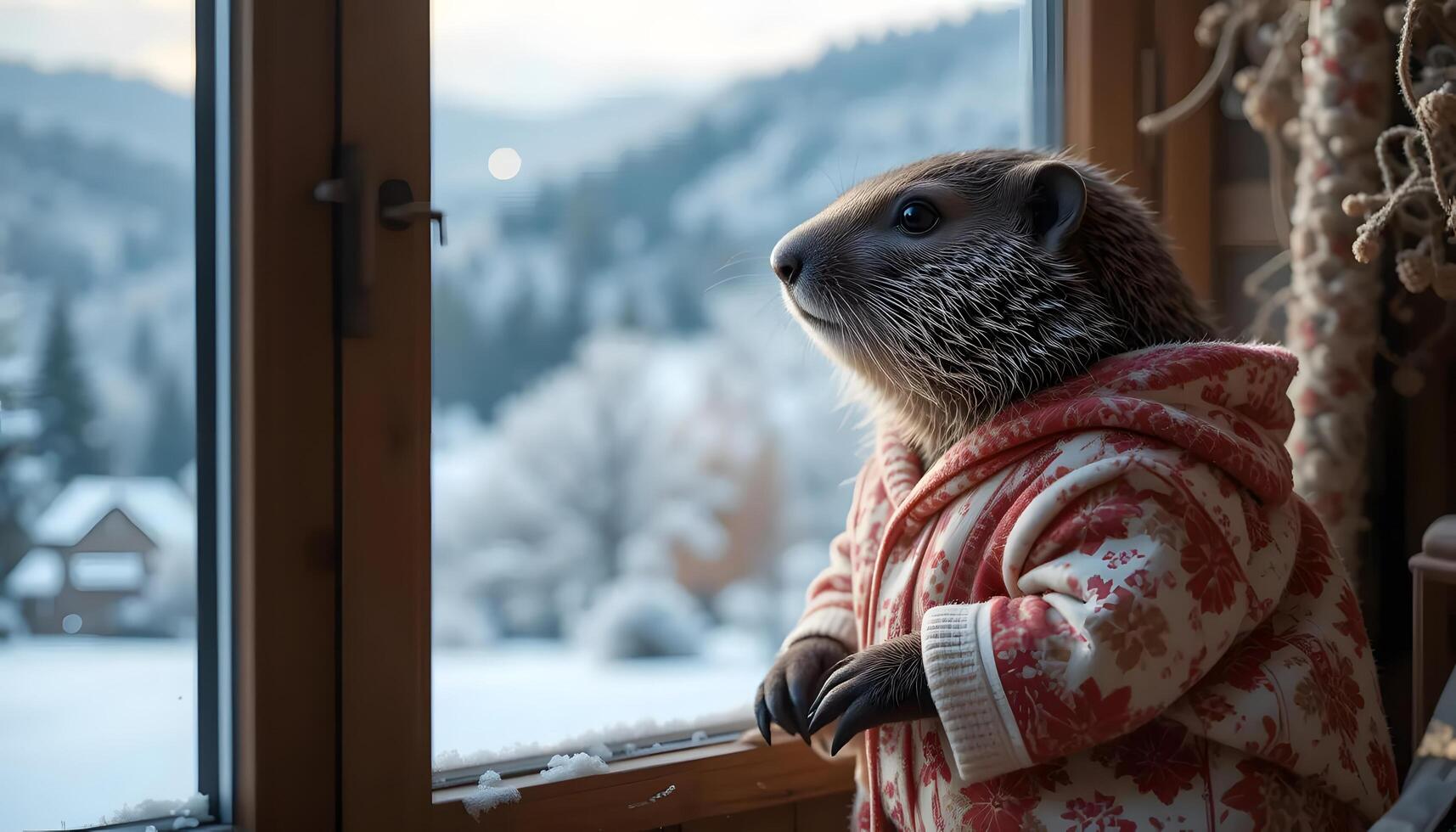 Groundhog Wearing Robe Looks at Snowy Landscape Through the Window photo